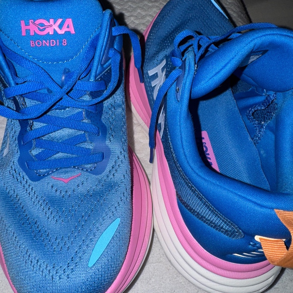Hoka Bondi 8 Blue and Pink Sneakers